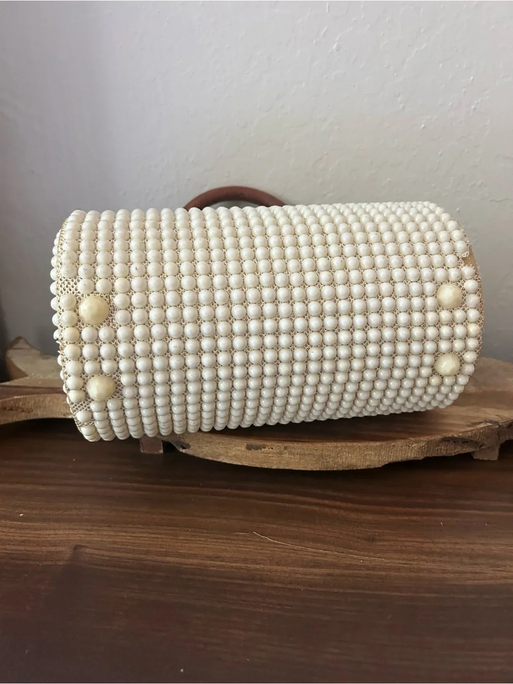 Vintage Beaded Pearl Cylinder Handbag with Brown Leather Handle: 1960s - Picture 8 of 11